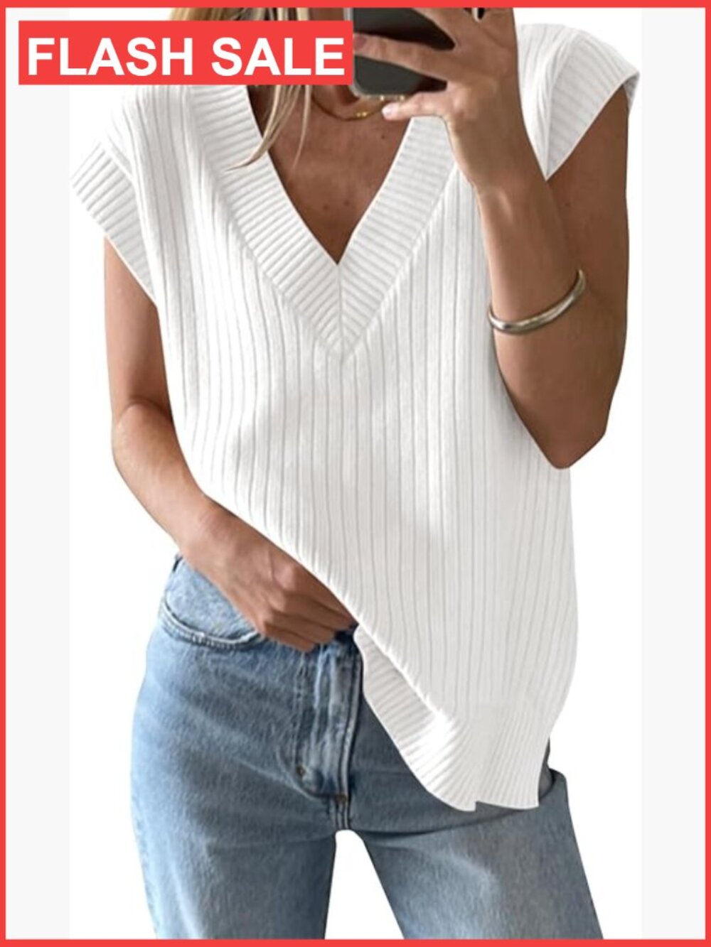 Oversized Ribbed Knit Sweater Vest V Neck Sleeveless Pullover Tank Top
